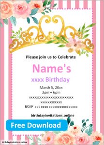 FREE Printable Girl birthday invitations - Princess Crown Invitation 4 215x300