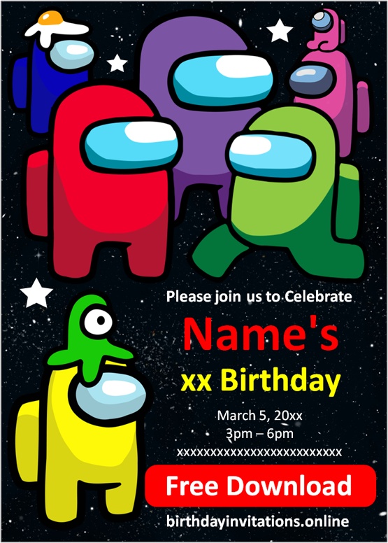 Free AMONG US birthday invitations for edit