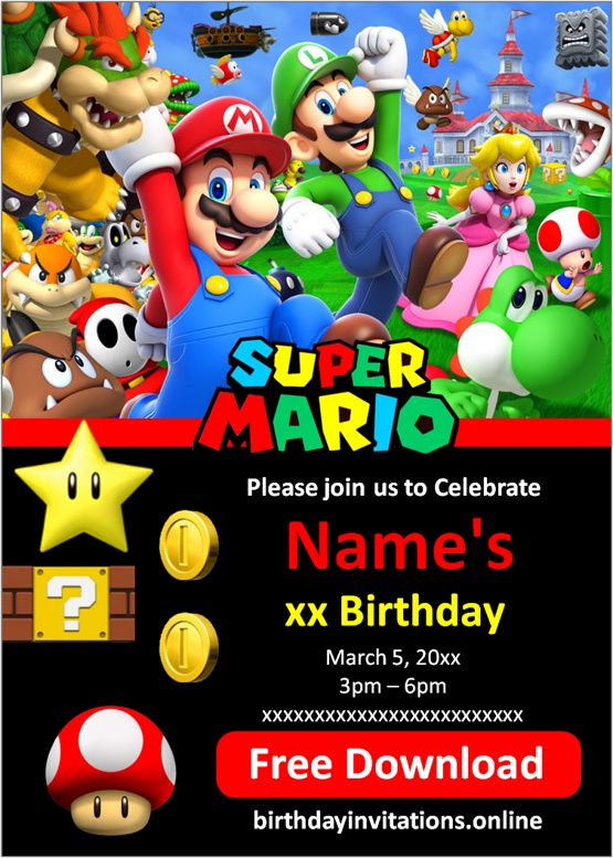 super mario bros birthday invitations free