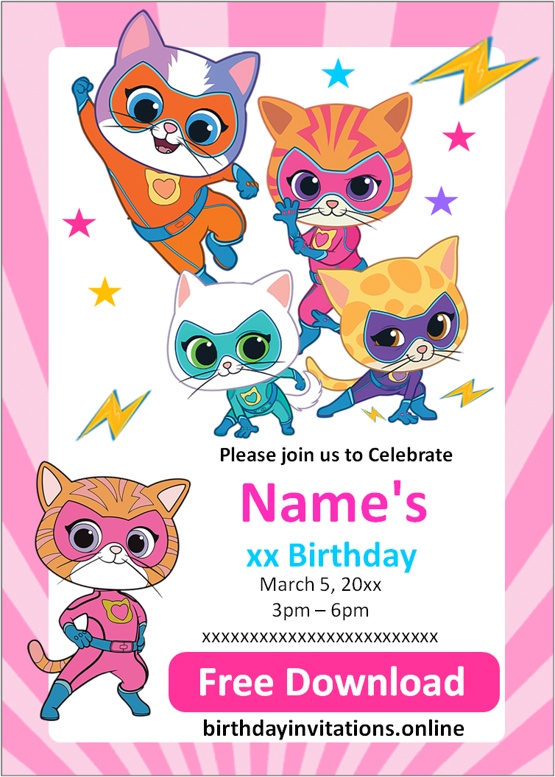 super kitties Girl Birthday Party Invitations